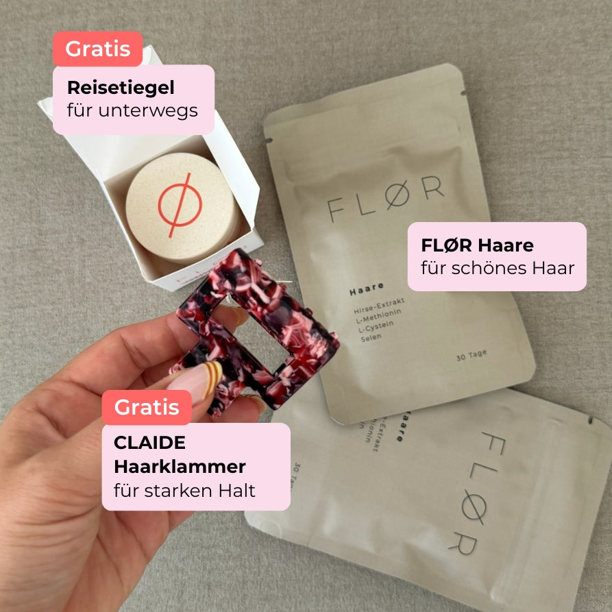 Exklusives Haare-Bundle: 2-Monats-Angebot mit Reise-Tiegel & Haarklammer